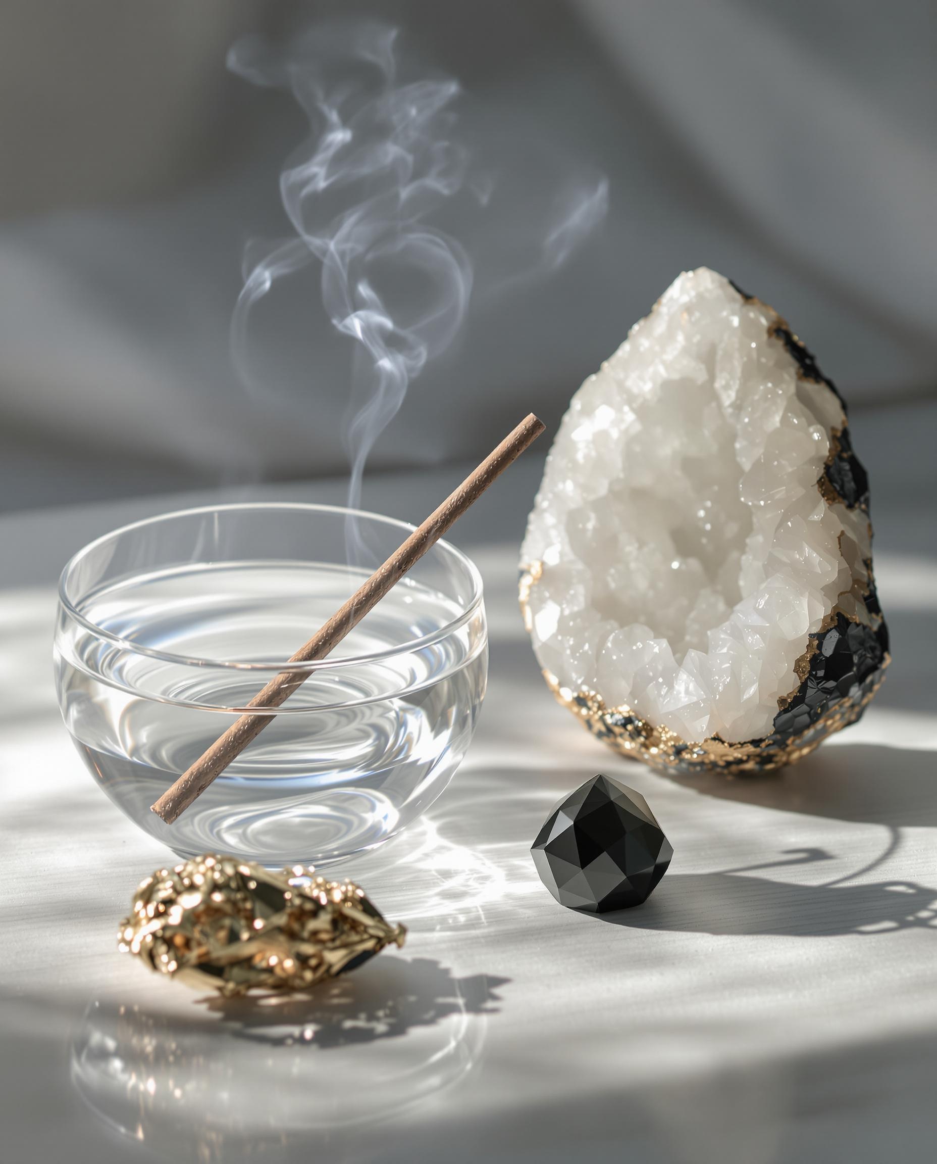 Accessoires pour purifier un diamant noir : bol d’eau déminéralisée, encens fumant, géode de quartz et lumière lunaire.