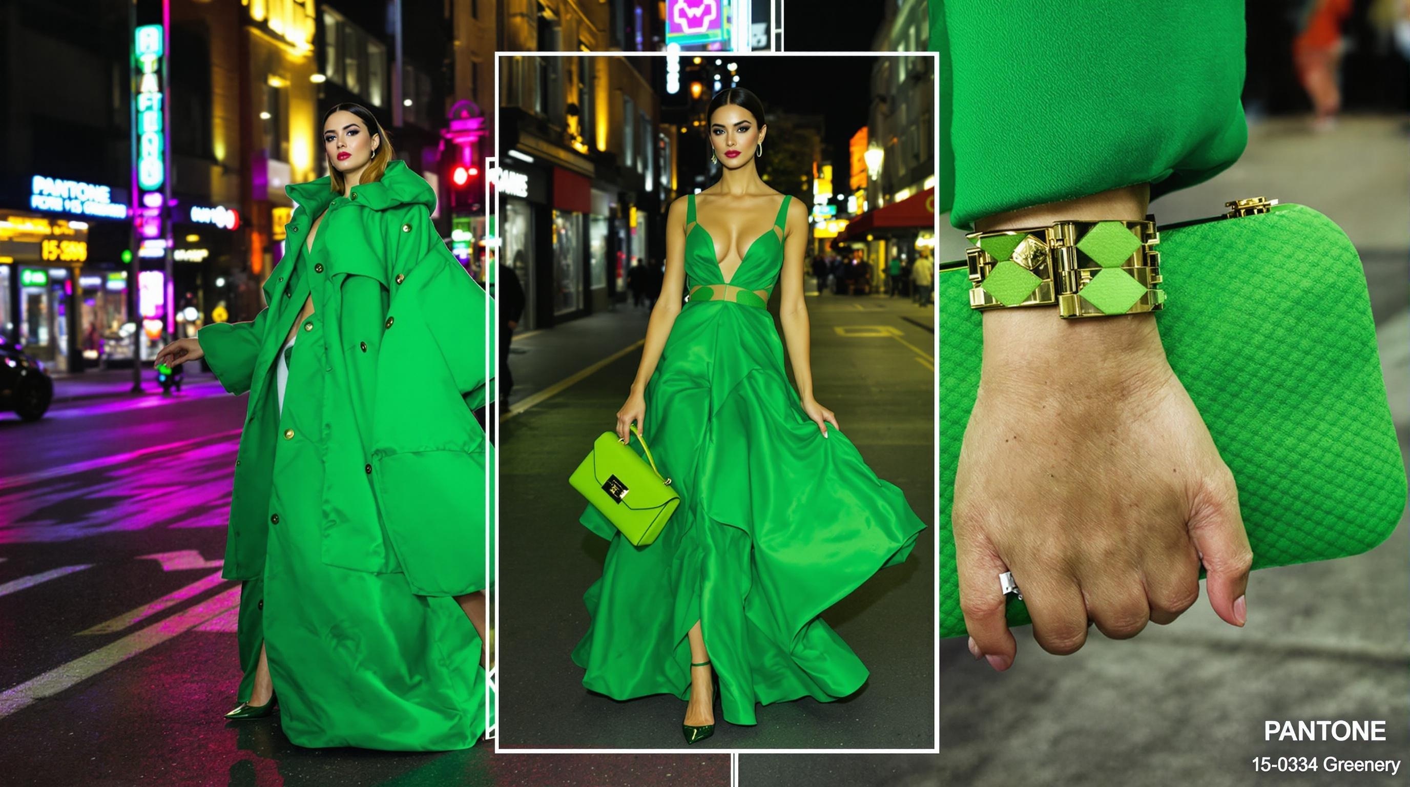Collage street style : manteau oversize, robe midi fluide et pochette statement Greenery sous néons.