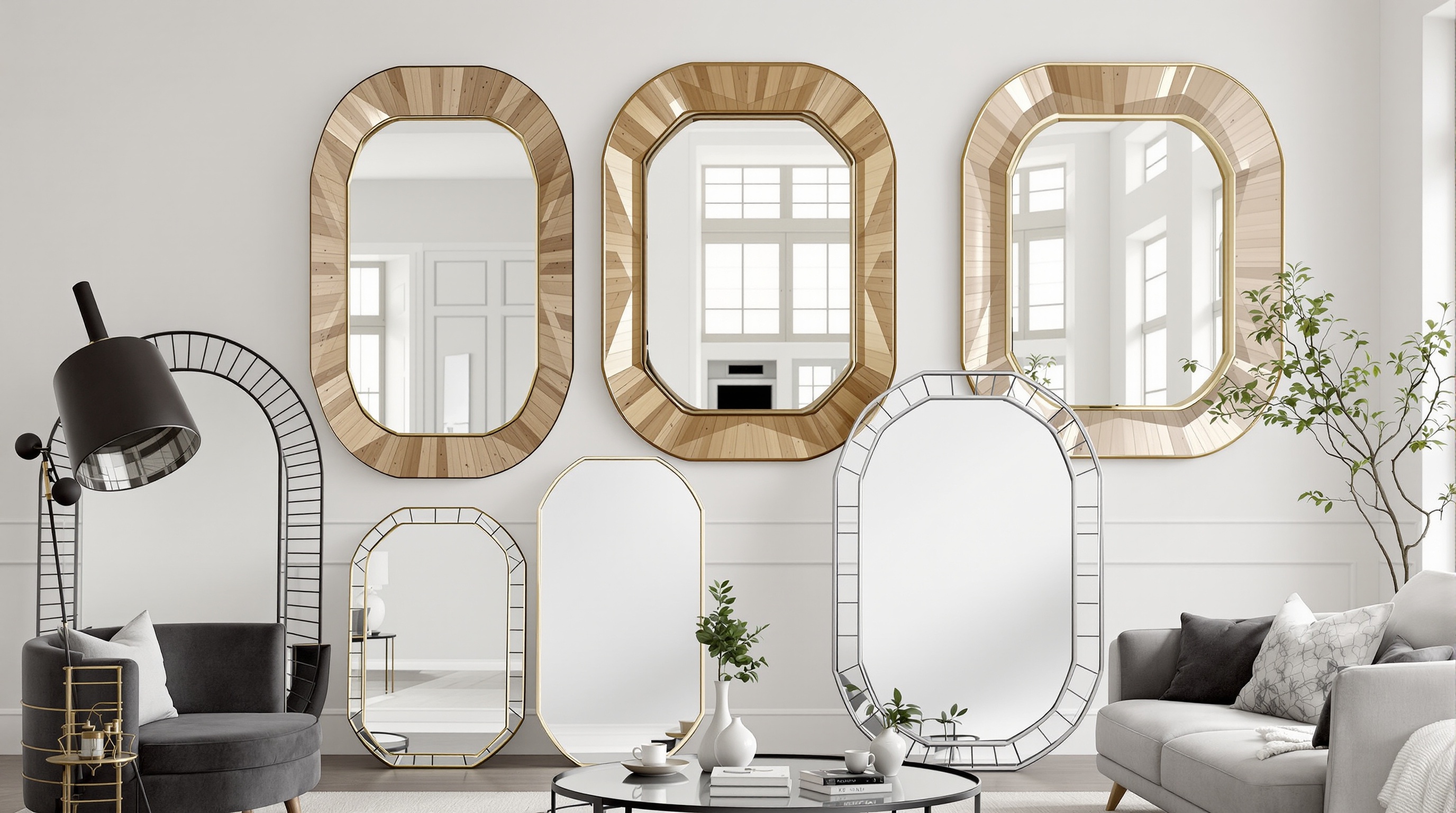 Différents styles de cadres pour miroirs organiques bois métal doré noir tailles variées