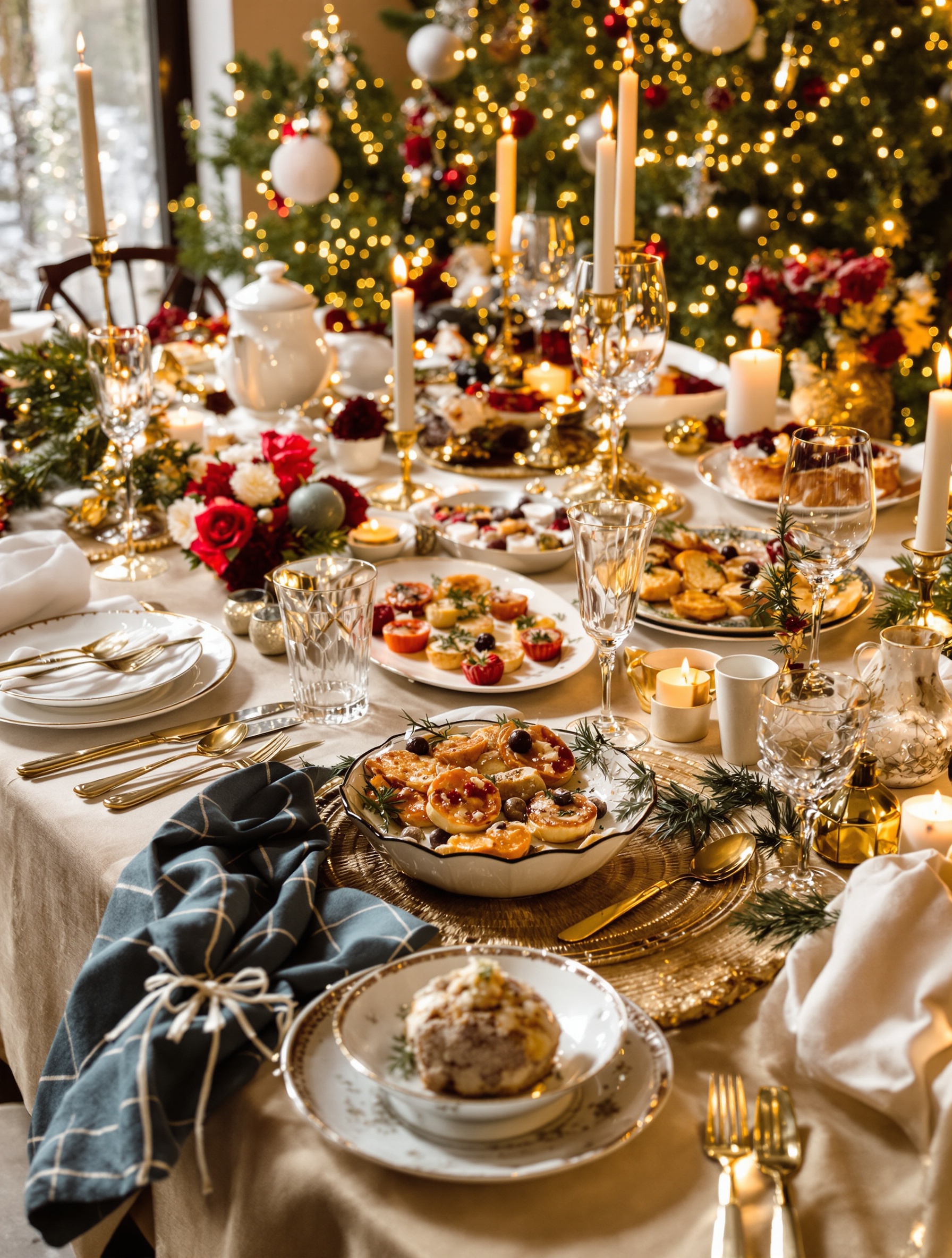 Table de fête élégante avec plats préparés à l'avance pour Noël, lumière feutrée et ambiance raffinée.