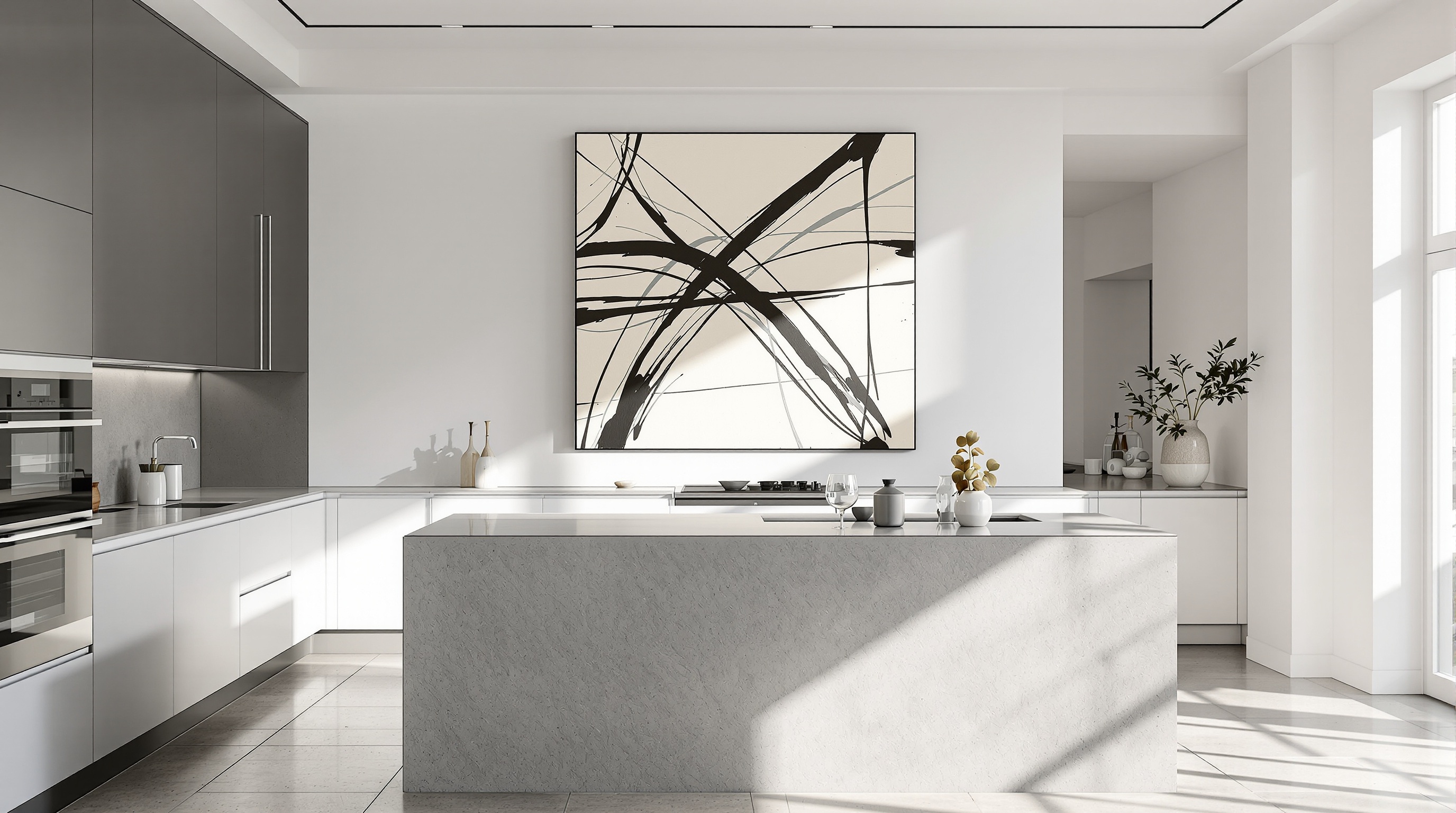 Tableau d'art abstrait aux lignes noires sur fond crème, servant de point focal unique dans une cuisine moderne aux murs blancs. L'œuvre crée une tension esthétique, contrastant avec la rigueur fonctionnelle de l'îlot central en béton ciré.
