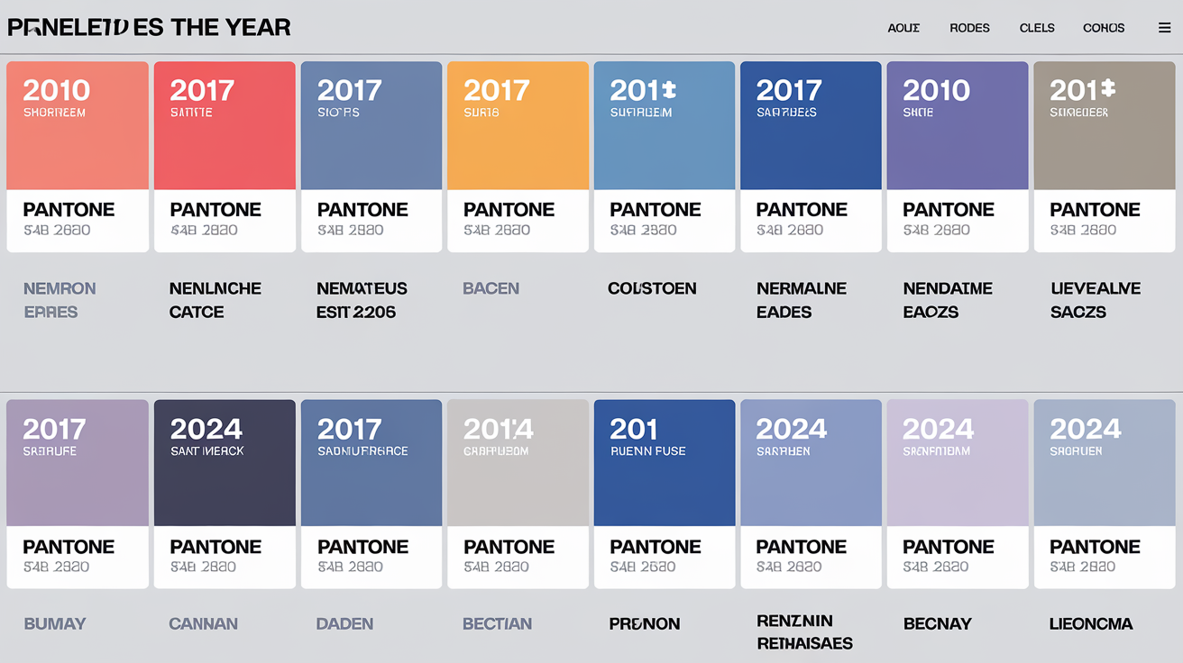 Tableau chronologique d’échantillons Pantone montrant l’influence de Greenery jusqu’en 2024.