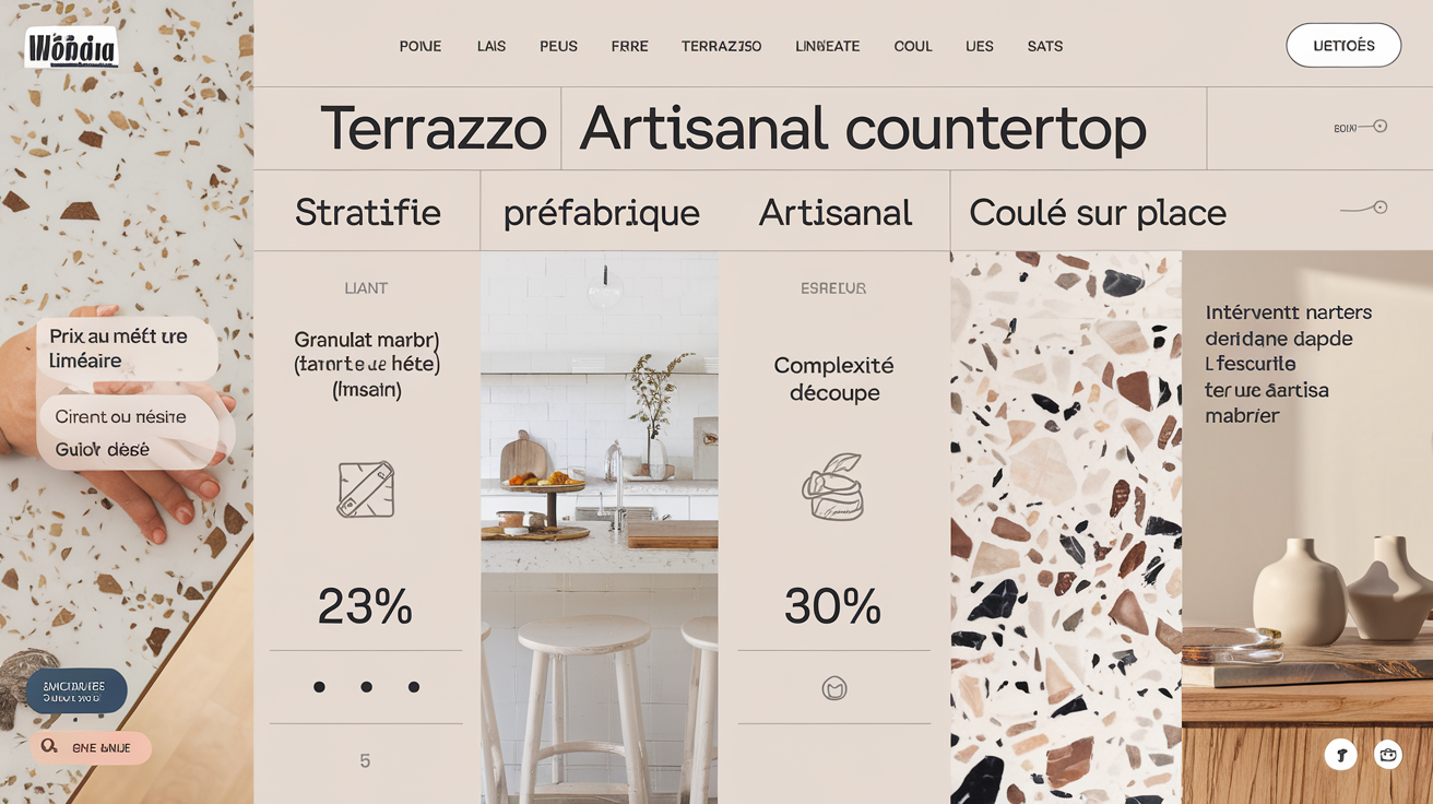 Tableau comparatif prix plan de travail terrazzo stratifié préfabriqué artisanal