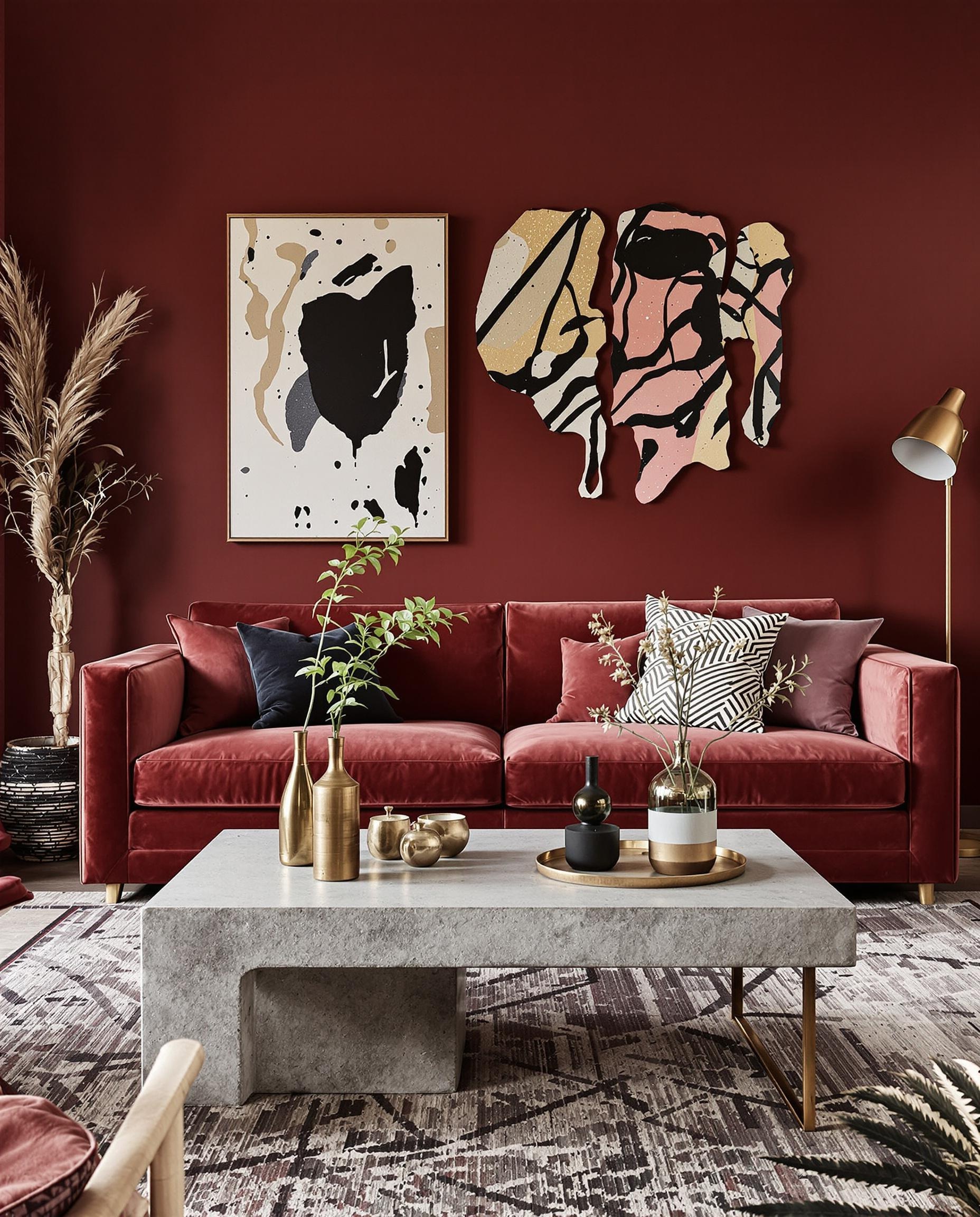 Tableau déco intérieur audacieux Marsala contrastes accessoires matières lumière feutrée