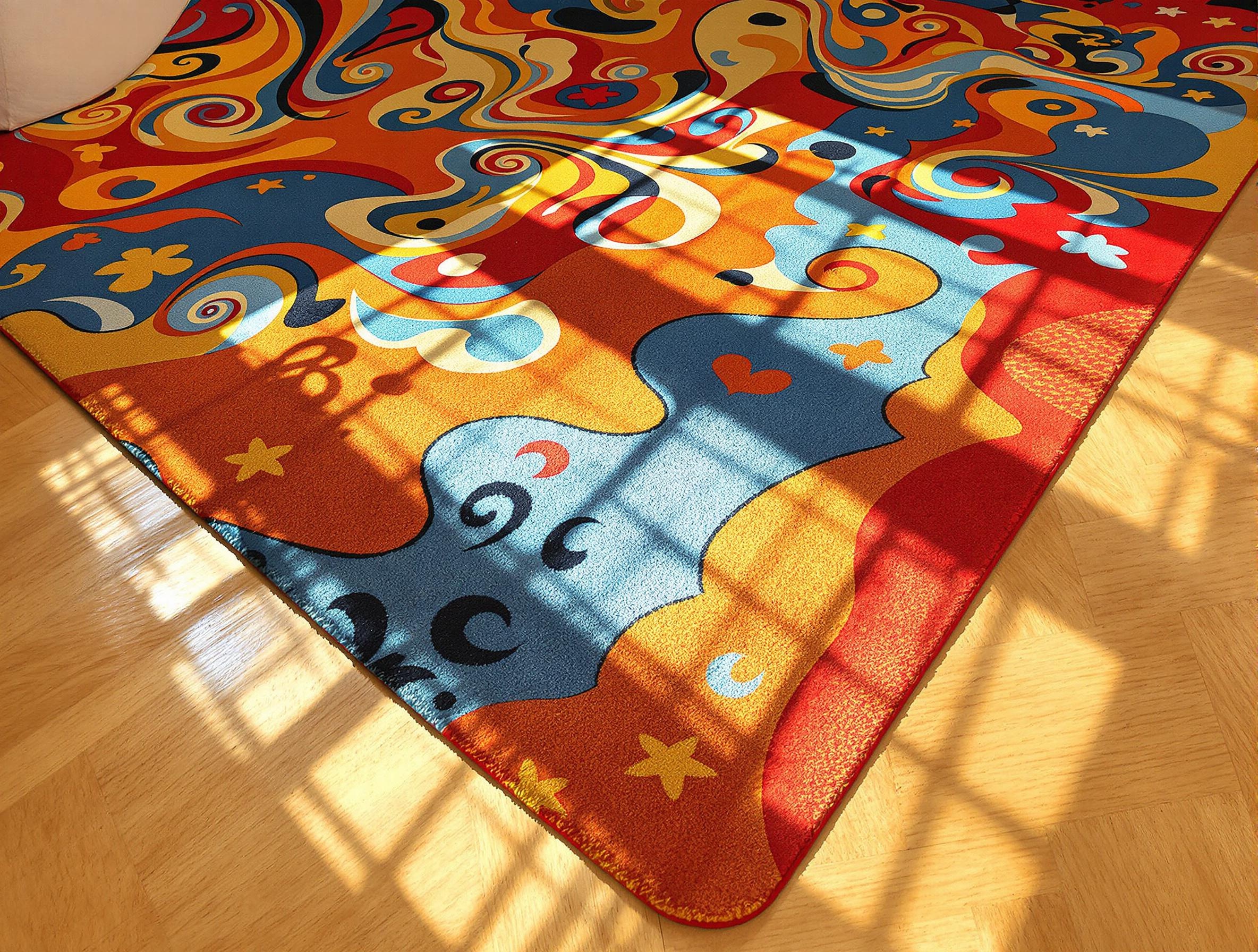 Tapis psychédélique coloré sur parquet clair