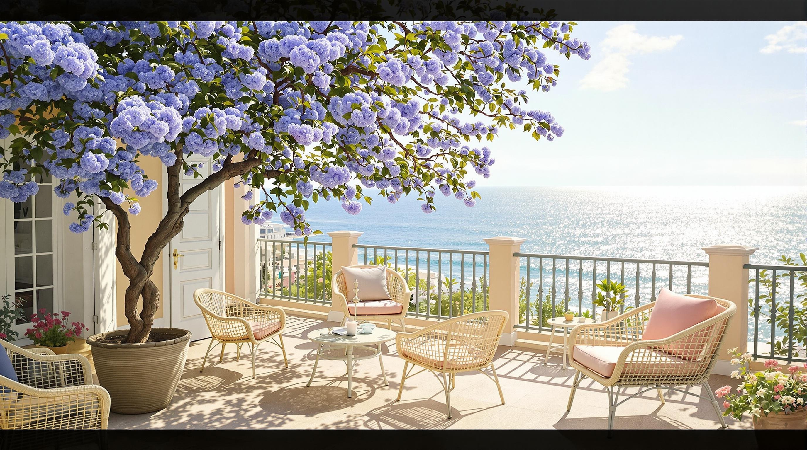 Terrasse French Riviera chic, pastel sorbet, fauteuil cannage années 50, Jacaranda mimosifolia bleu