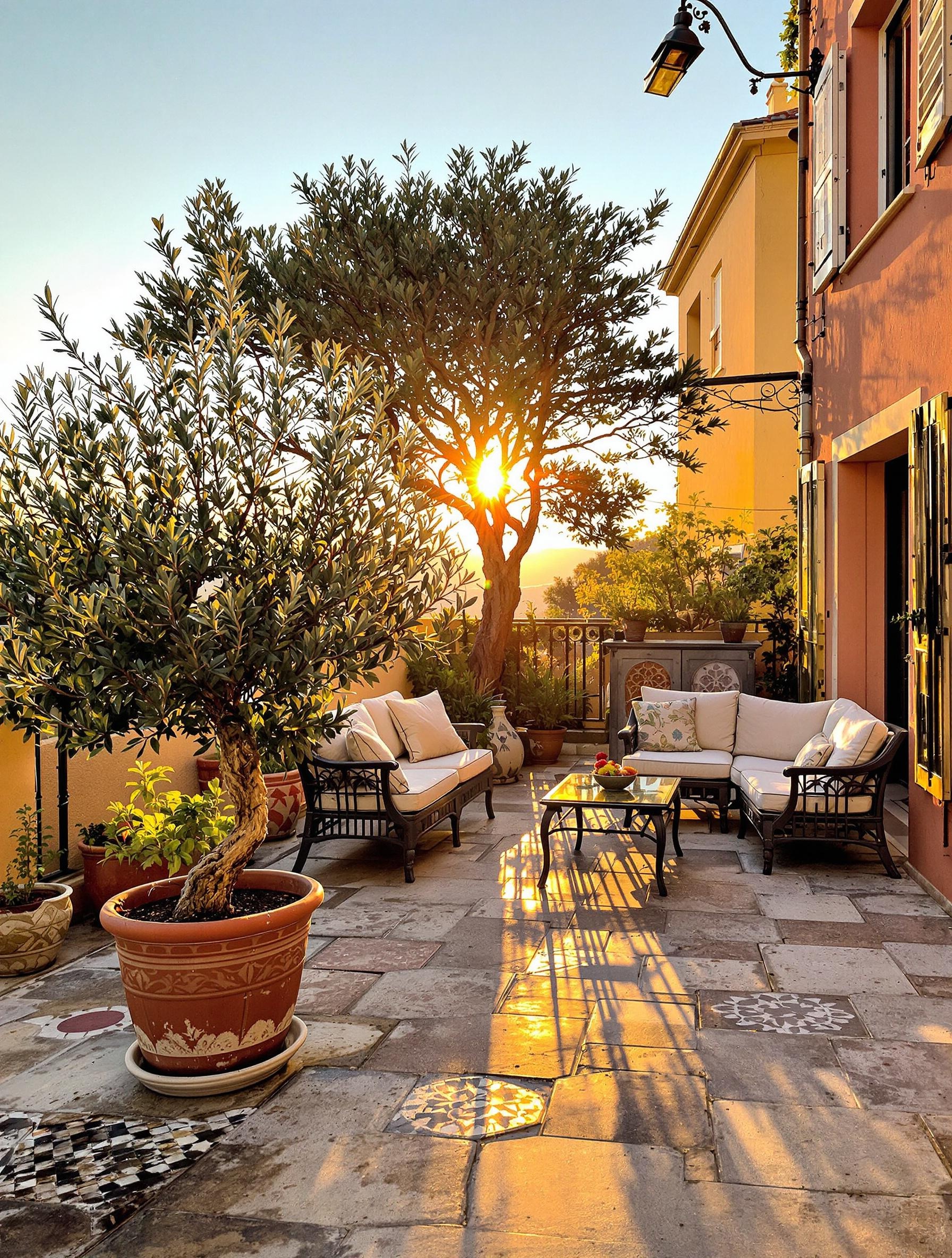 Terrasse méditerranéenne imparfaite lumière rasante coussins défraîchis pierre patinée olivier mobilier dépareillé zéro plastique