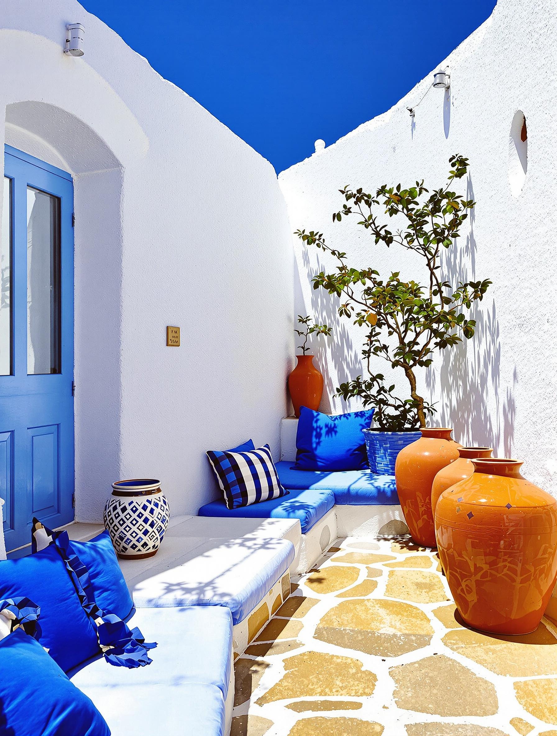 Terrasse méditerranéenne murs blancs chaulés coussins cobalt jarres ocres palette solaire