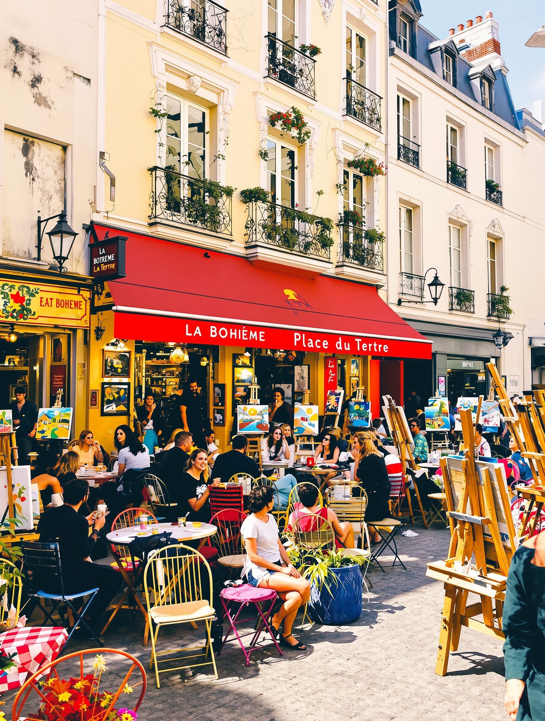 La terrasse animée du restaurant La Bohème sur la Place du Tertre, baignée d'une lumière de fin de journée. On y voit des touristes attablés, des chevalets de peintres en arrière-plan et l'agitation typique de Montmartre, capturant l'essence d'un Paris de carte postale.