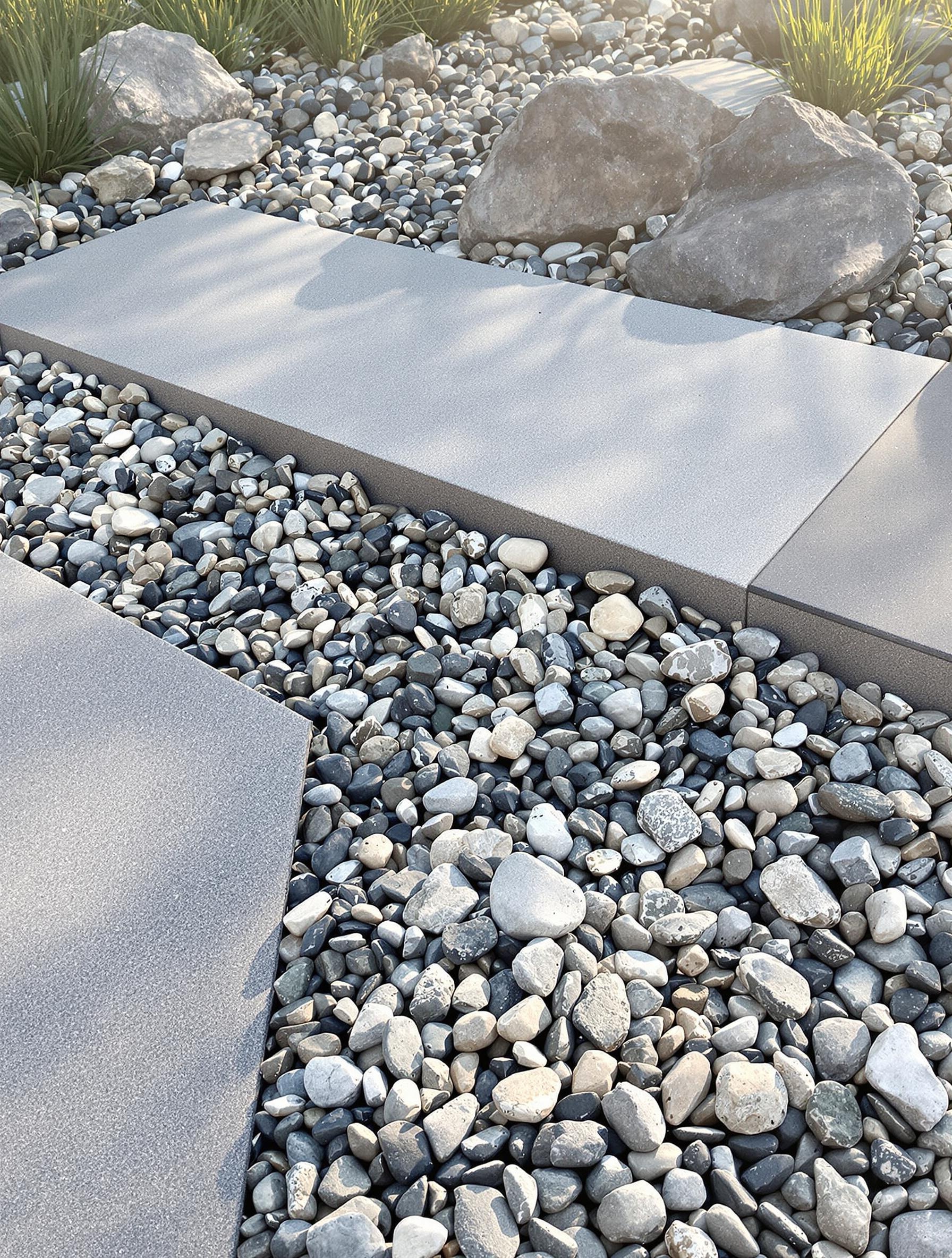 Textures de gravier et pierres naturelles dans un parterre moderne