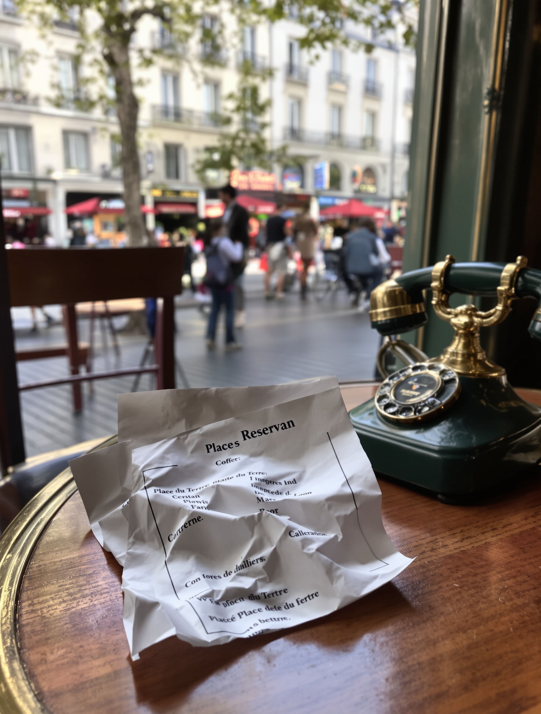 Ticket froissé de réservation sur une table, téléphone vintage et Place du Tertre en arrière-plan.