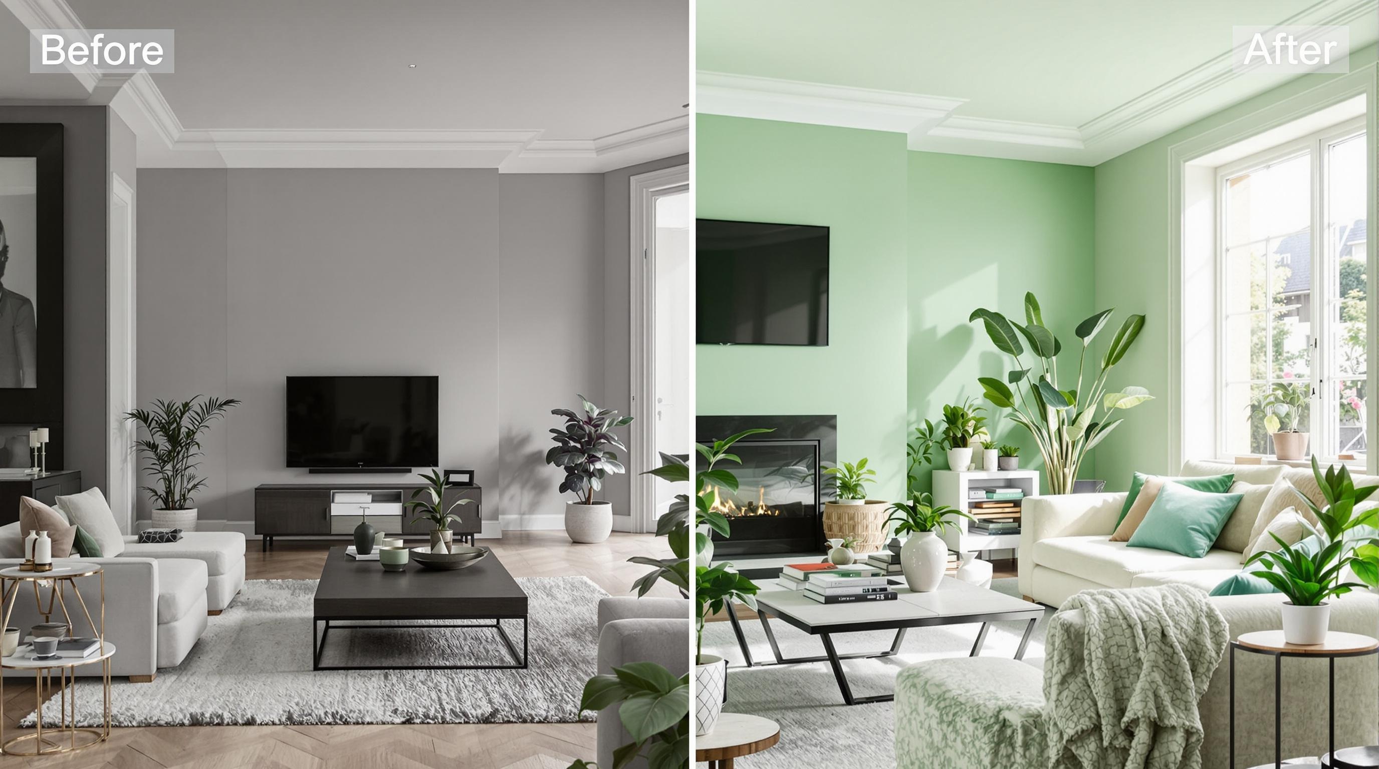Transformation d’un salon gris souris en cocon chlorophylle grâce à un simple mur Pantone 15-0343