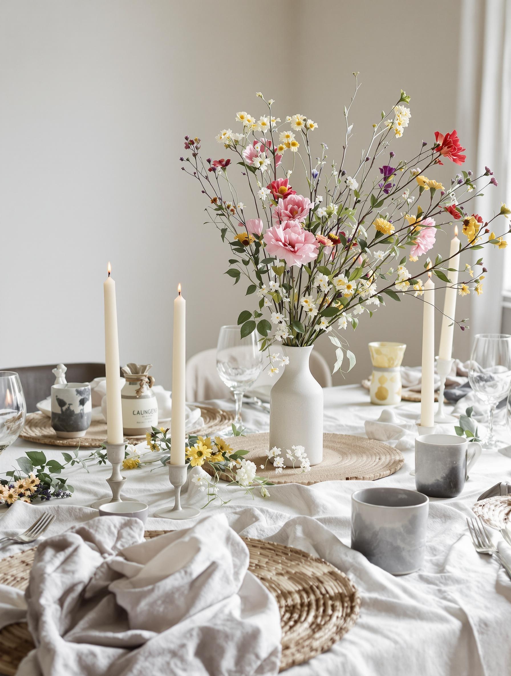 Art de la table Kinfolk avec céramique artisanale, bouquets improvisés et chandelles minimalistes