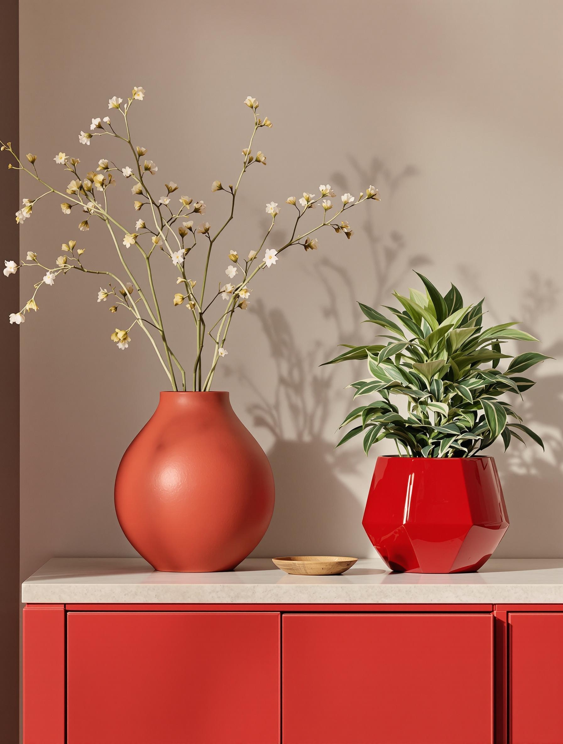 Vase Potiron Paris rouge mat et cache-pot Kare Design laqué rouge