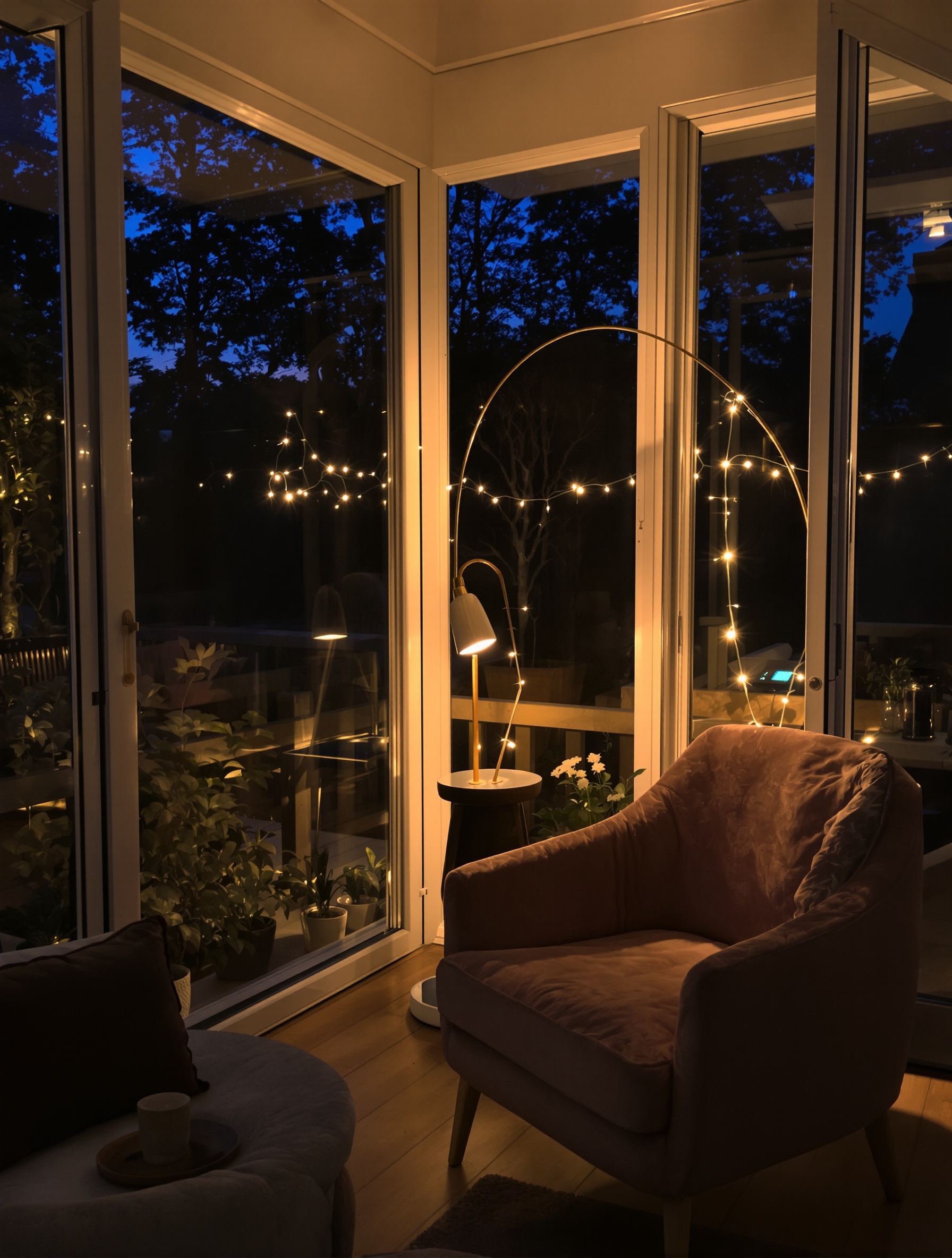Véranda contemporaine éclairage tamisé lampadaire déporté guirlande lumineuse fauteuil cosy nuit