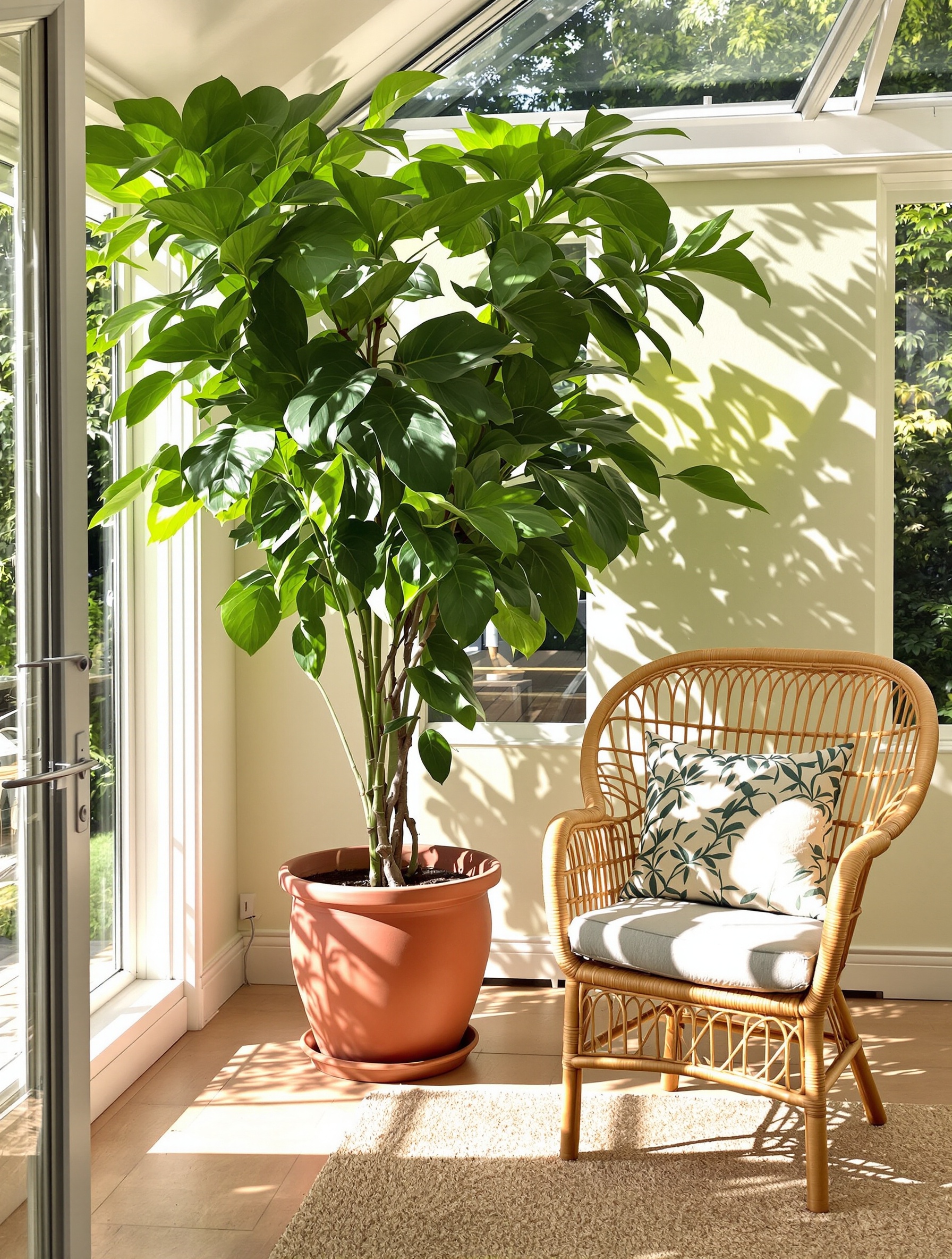 Véranda cosy avec grand Ficus Lyrata, fauteuil en rotin, coussins et lumière filtrée