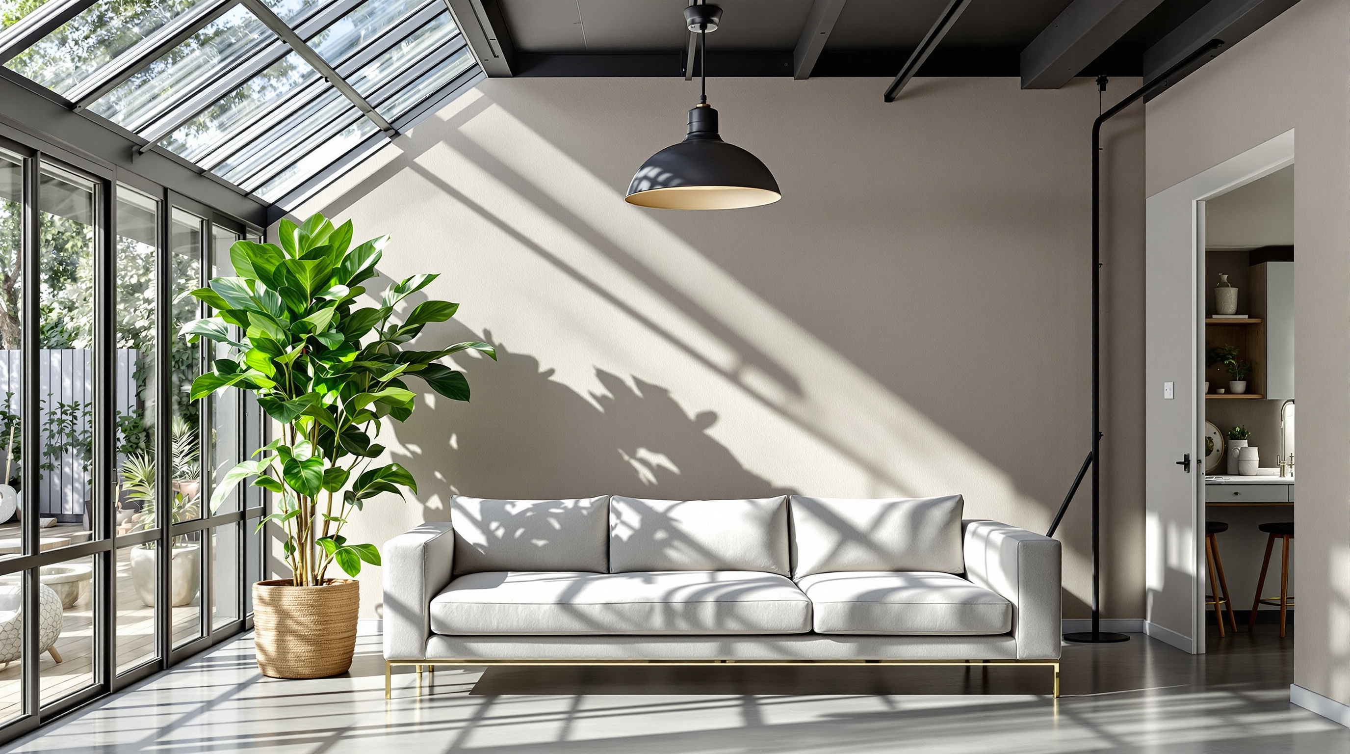 Véranda atelier artiste structure acier béton canapé lin Ficus Lyrata suspension industrielle