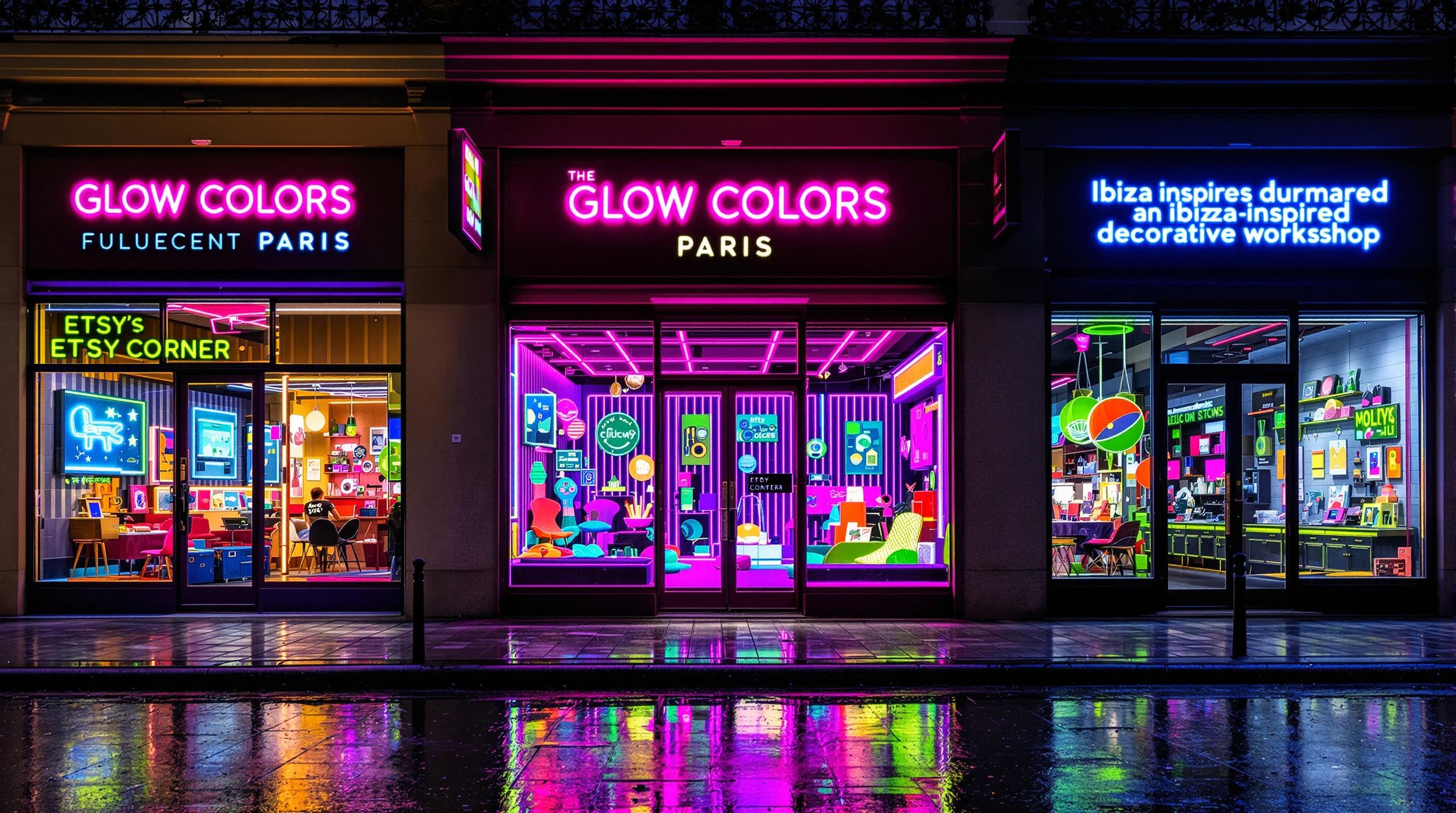 Vitrine boutiques déco fluo en France et Ibiza.
