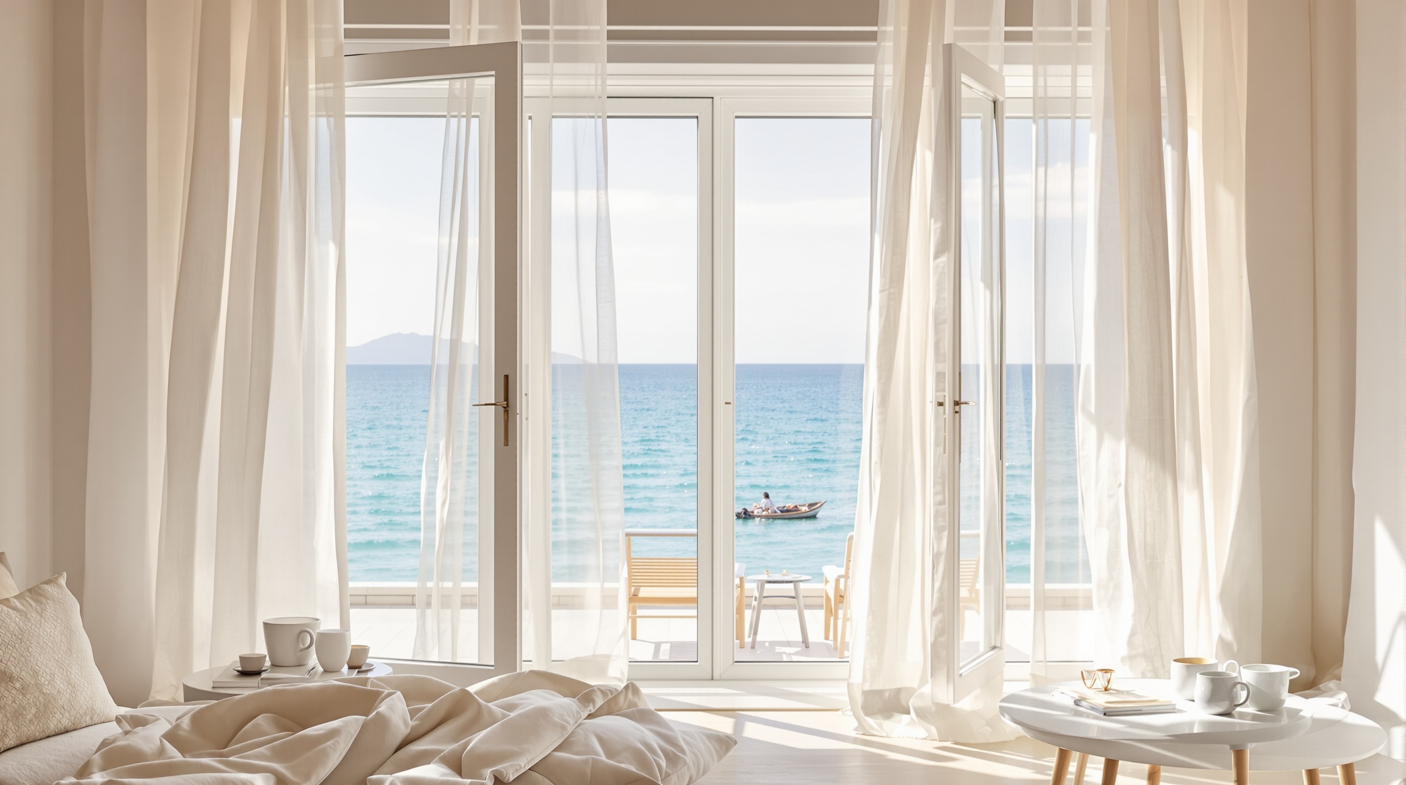 Voilages de lin blanc flottants avec vue mer