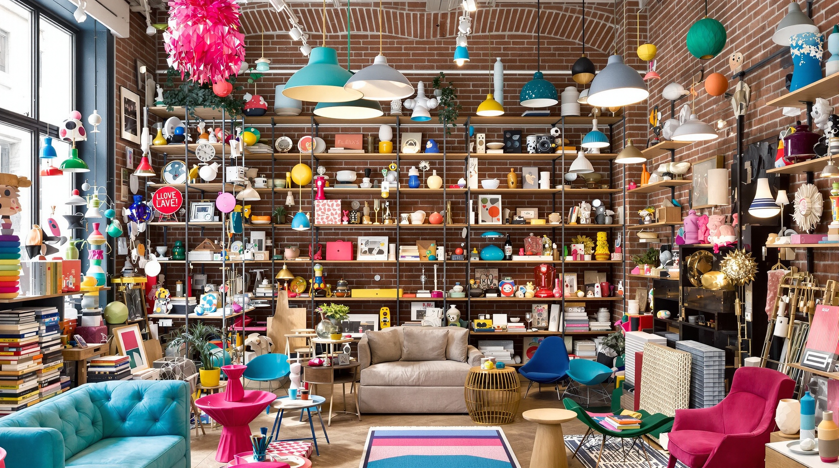 Intérieur éclectique de Fleux, agencement dense, objets design et gadgets ludiques.