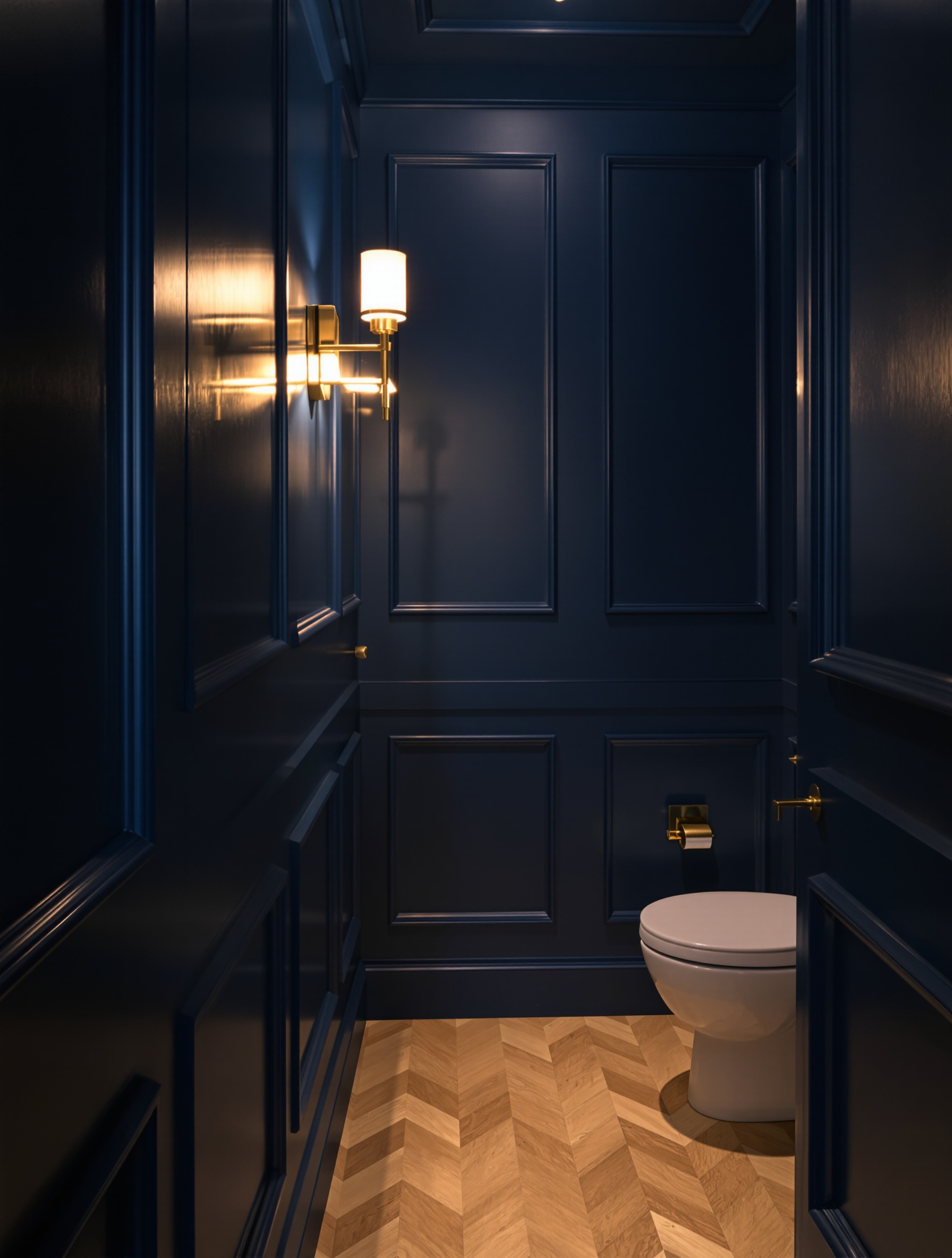 WC suspendu bleu nuit applique laiton lumière chaude parquet clair