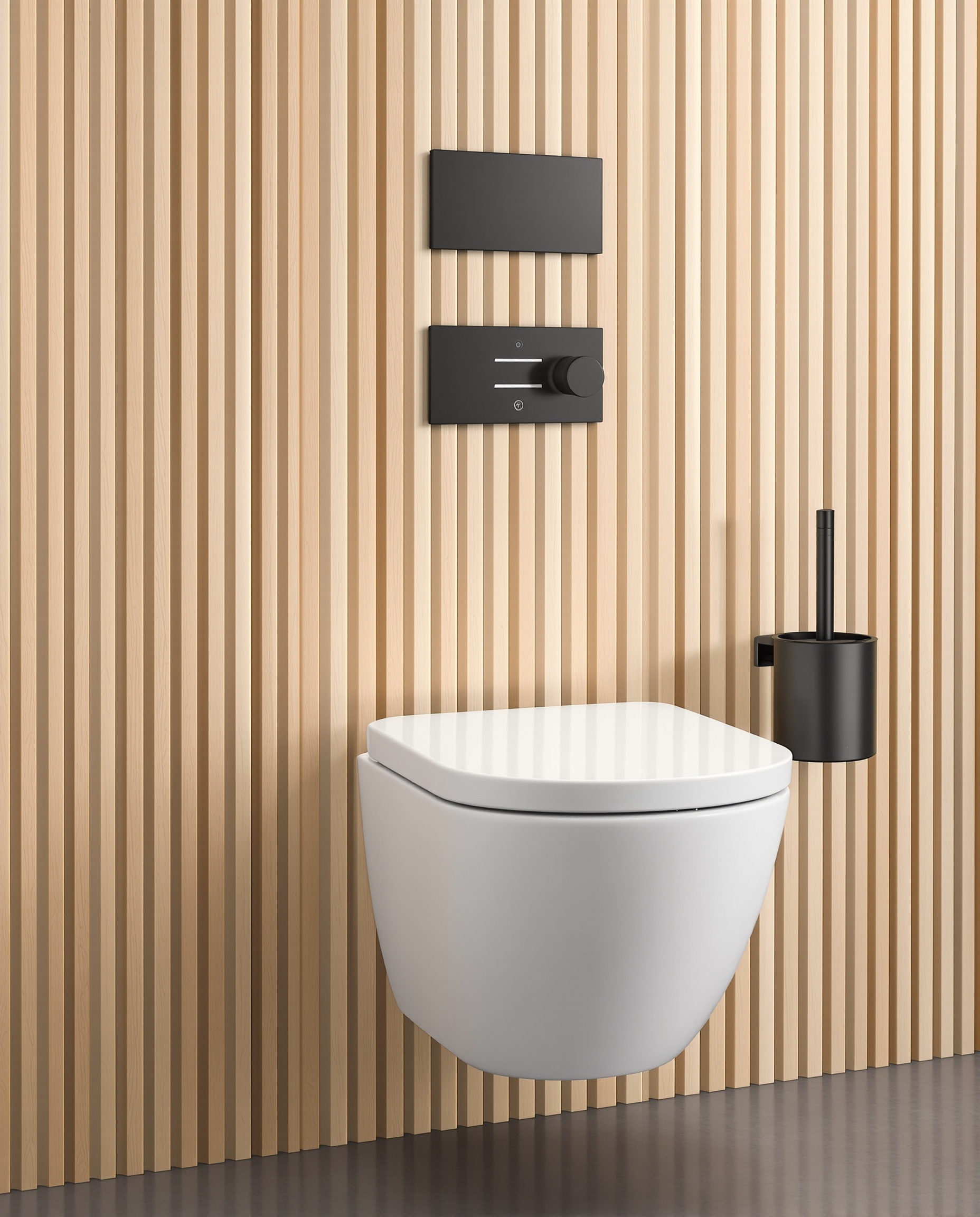 WC suspendu moderne avec habillage en tasseaux bois clair verticaux et contraste noir mat