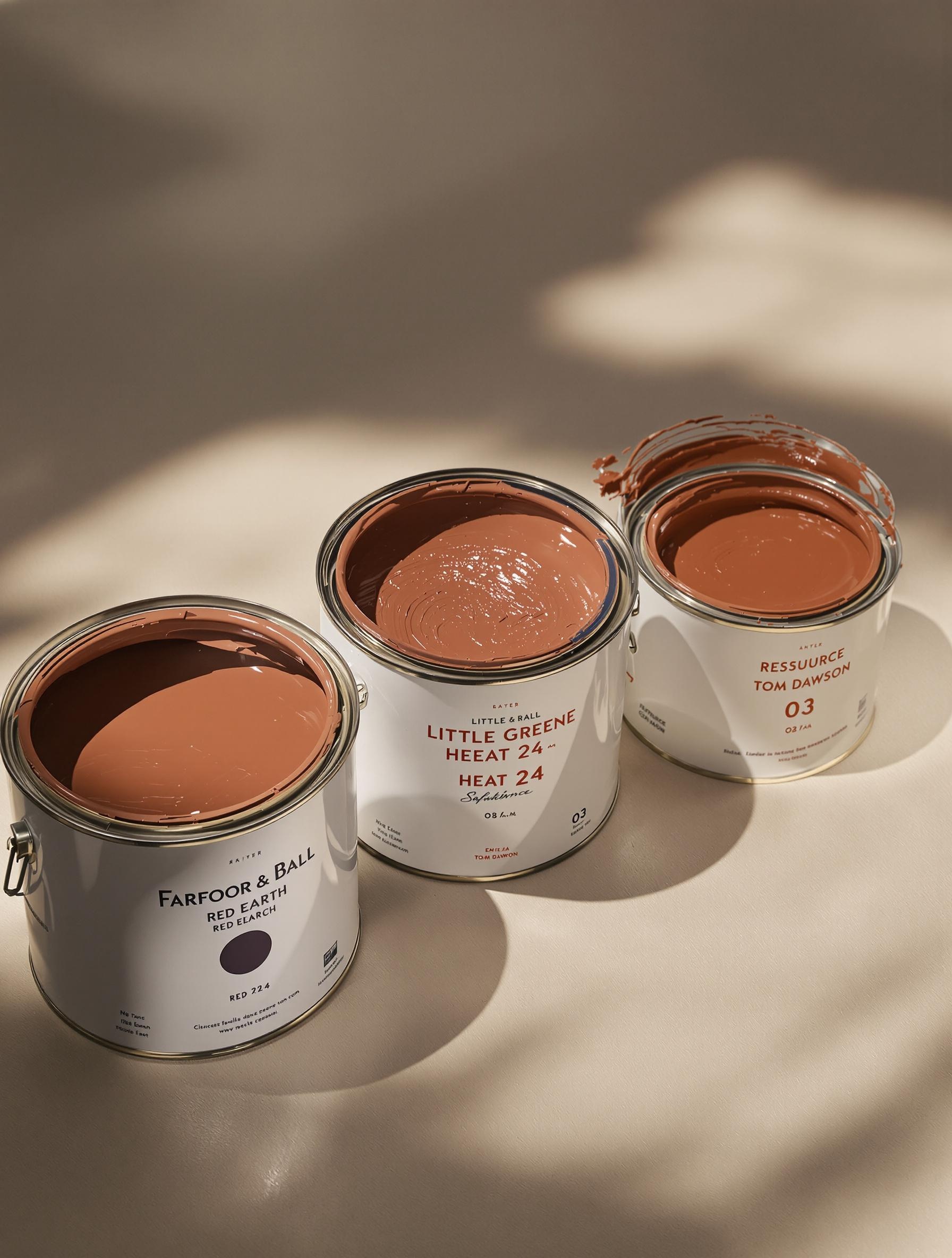 Zoom sur pots de peinture orange brûlé : Farrow & Ball, Little Greene, Ressource.
